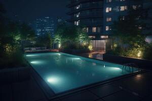 vide rectangulaire bleu nager bassin avec transats. moderne luxe bassin soir voir. génératif ai photo