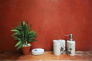 plante dans argile pot avec shampooing, savon et douche crème bouteille sur en bois cabinet près Orange mur décoration dans salle de bains ancien style photo