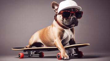 ai généré cool rouge gingembre chien bouledogue dans des lunettes de soleil et blanc casquette séance sur planche à roulette marrant animaux domestiques génératif ai photo