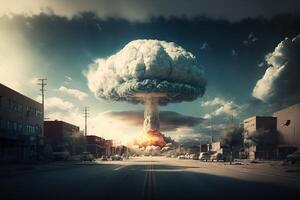 nucléaire, atomique explosion dans le ville, Masse meurtre. guerre catastrophe, mortel agression. ai généré. photo