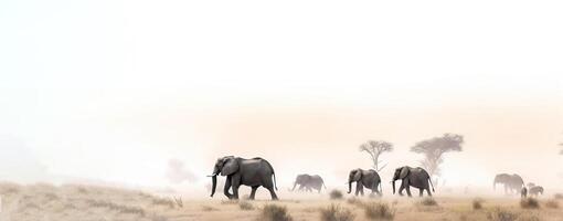 une troupeau de éléphants des promenades dans le journée de Afrique contre le toile de fond de une poussiéreux paysage de la nature. ai généré. photo