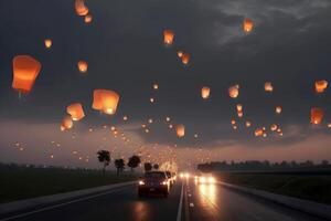 chinois lanternes de éclairage en volant à travers le nuit ciel plus de le route. ai généré. photo