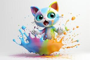 3d chaton en jouant avec couleurs éclaboussure. génératif ai photo