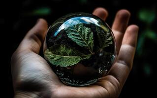 noyau terrestre inspiré main en portant terrarium globe, feuille, vert et noir, environnement conscience, authentique imagerie. génératif ai photo
