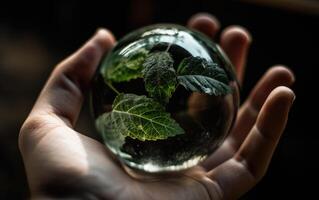 noyau terrestre inspiré main en portant terrarium globe, feuille, vert et noir, environnement conscience, authentique imagerie. génératif ai photo
