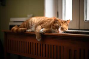 le chat du repos sur chaud batterie par le fenêtre génératif ai photo