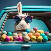 mignonne Pâques lapin avec des lunettes de soleil à la recherche en dehors de une voiture déposé avec Pâques œufs, ai génératif photo