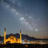 réaliste illustration de catholique église avec laiteux façon galaxie et Montagne ai généré photo