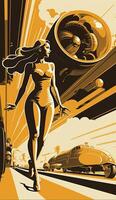 illustration de femme avec futur La technologie dans rétro futuriste 30s style affiche ,génératif ai photo
