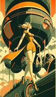 illustration de femme avec futur La technologie dans rétro futuriste 30s style affiche ,génératif ai photo