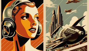 illustration de femme et transport avec futur La technologie dans rétro futuriste 30s style affiche ,génératif ai photo