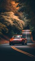 illustration de une sport voiture sur une solitaire route avec une vue de des arbres ,génératif ai photo