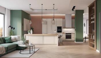 moderne maison intérieur de vivant pièce et une cuisine dans beige et vert couleurs. génératif ai photo