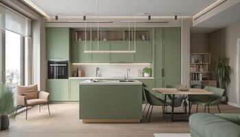 moderne maison intérieur de vivant pièce et une cuisine dans beige et vert couleurs. génératif ai photo