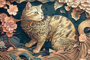 génératif ai illustration de une chat est explorant, Japonais style modèle arrière-plan, pastel illustration photo