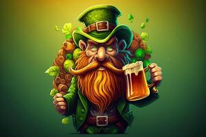 génératif ai illustration de capricieux irlandais dessin animé, trèfle, bière, vert, pot de or, content st. patrick jour, quilling papier Couper art photo