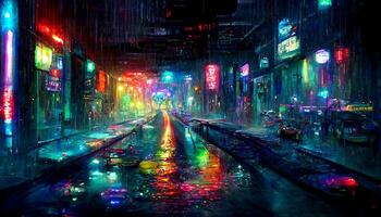 brumeux nuit sur une rue de une cyberpunk ville. énorme néon grattes ciels. humide asphalte reflétant embrasé néon lumière. génératif ai photo