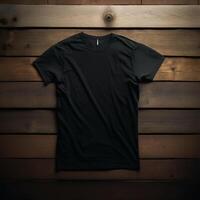 Vide noir T-shirt sur une en bois surface, génératif ai photo