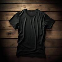 Vide noir T-shirt sur une en bois surface, génératif ai photo