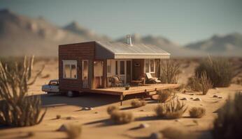 photoréaliste fantaisie maison dans le désert, équipé avec solaire panneaux pour durable énergie solutions. génératif ai photo