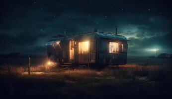 photoréaliste camping bande annonce sur une Prairie à nuit, exploiter le Puissance de solaire cellule énergie pour une durable expérience. génératif ai photo