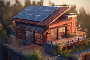 photoréaliste solaire panneaux installée sur le toit de une moderne loger, soulignant le utilisation de alternative énergie pour une durable avenir. photo