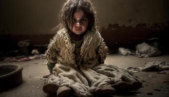 sans abri les enfants de guerre victimes, petit les enfants avec triste expressions, génératif ai photo