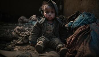 sans abri les enfants de guerre victimes, petit les enfants avec triste expressions, génératif ai photo