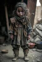 sans abri les enfants de guerre victimes, petit les enfants avec triste expressions, génératif ai photo