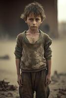 sans abri les enfants de guerre victimes, petit les enfants avec triste expressions, génératif ai photo