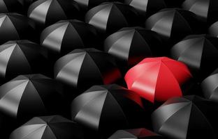 3d concept abstrait différent affaires rouge parapluie parmi noir parapluie foncé Contexte. 3d illustration rendre photo