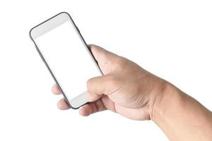 main homme tenir mobile téléphone avec blanc écran photo