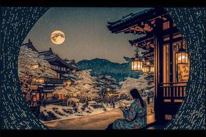 femme dans une kimono séance en dessous de une plein lune. génératif ai. photo