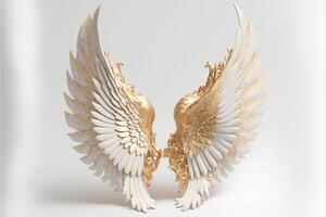 doré ange ailes sur une blanc Contexte or plumes. génératif ai photo