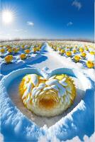 cœur fabriqué en dehors de fleurs dans le neige. génératif ai. photo