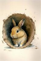 aquarelle La peinture de une lapin dans une trou. génératif ai. photo