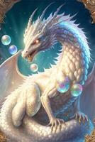 blanc dragon avec bleu yeux entouré par bulles. génératif ai. photo