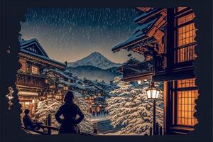 femme à la recherche en dehors une fenêtre à une neigeux Montagne. génératif ai. photo