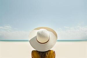 large vue de derrière une femme sur une été plage. génératif ai photo