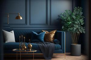 moderne confortable vivant pièce et foncé bleu mur texture. génératif ai photo