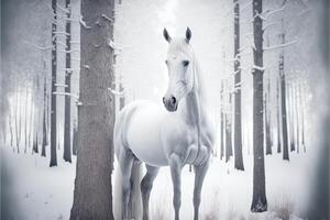 blanc cheval avec klaxon sur blanc forêt. génératif ai photo