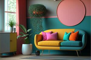 rétro style dans magnifique vivant pièce intérieur coloré. génératif ai photo