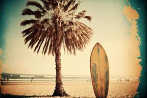 planche de surf et paume arbre sur plage. génératif ai photo