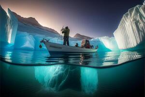 homme permanent sur Haut de une bateau dans le l'eau. génératif ai. photo