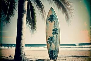 planche de surf et paume arbre sur plage. génératif ai photo