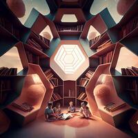 une hexagonal en forme de bibliothèque avec les enfants. génératif ai photo