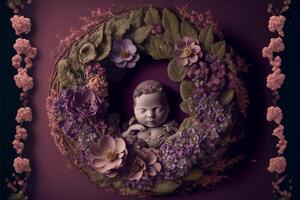 bébé numérique Contexte mauve Contexte avec fleurs. génératif ai photo