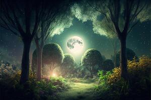 forêt avec grand lever de lune jardin. génératif ai photo