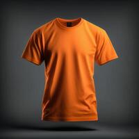 Vide Orange T-shirt maquette, fermer en haut Orange T-shirt sur foncé Contexte ,génératif ai photo