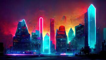 embrasé néon lumière synthwave paysage urbain Contexte. génératif ai photo